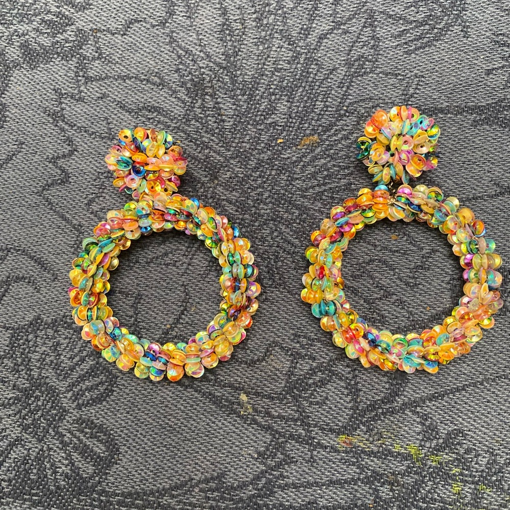 Stella & Dot Orange Yellow Hoop Earrings with Floral Design